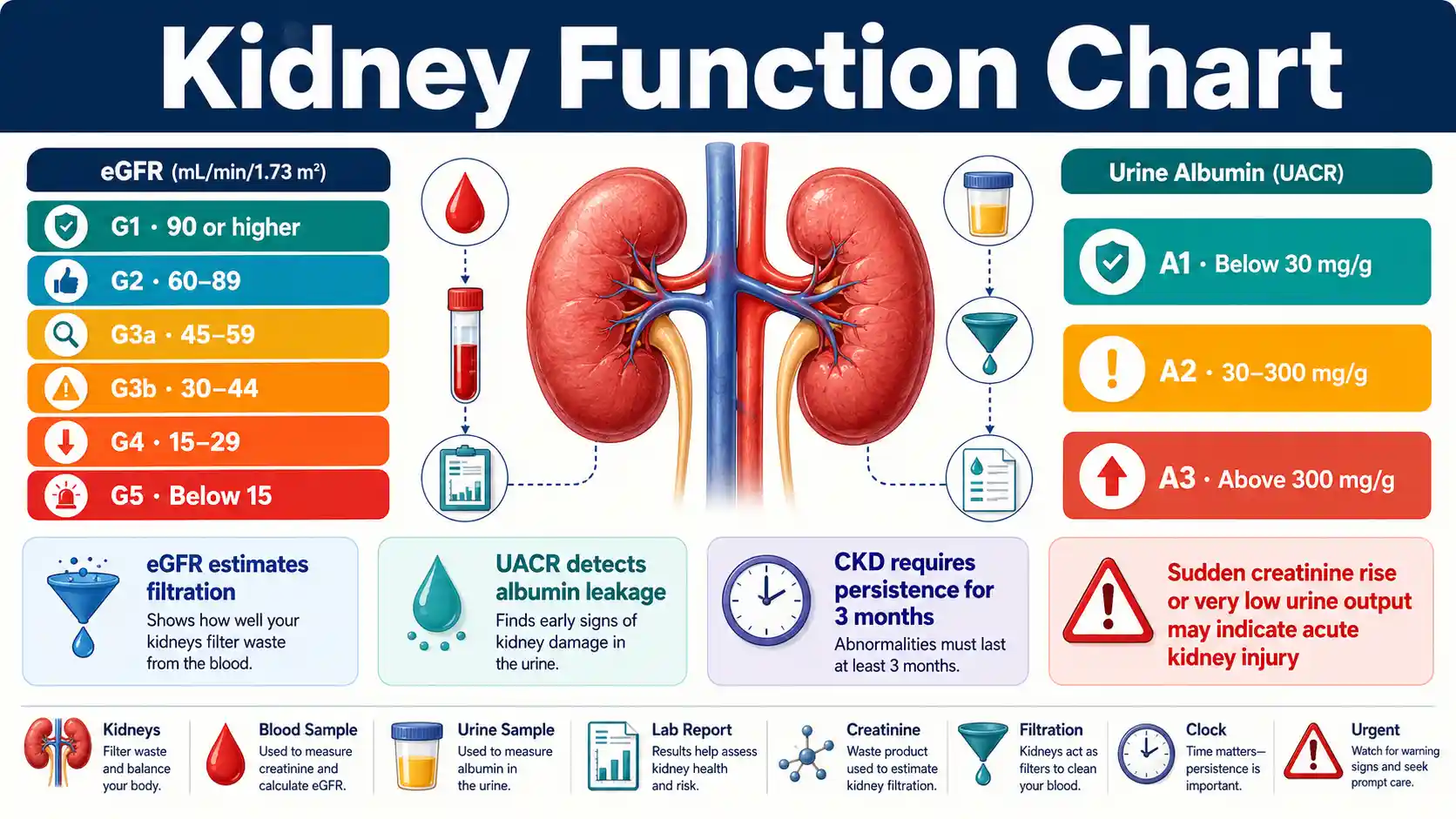 Kidney function chart showing eGFR categories, urine albumin categories, creatinine context, CKD risk, and acute kidney warning signs