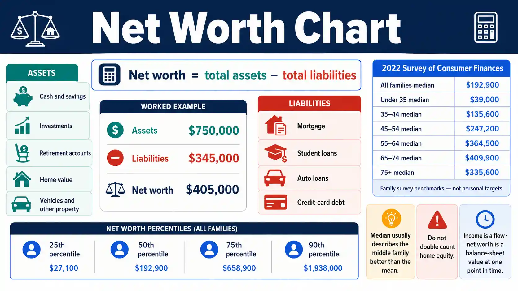 Net Worth Chart showing assets, liabilities, U.S. family age benchmarks, and the assets minus liabilities formula