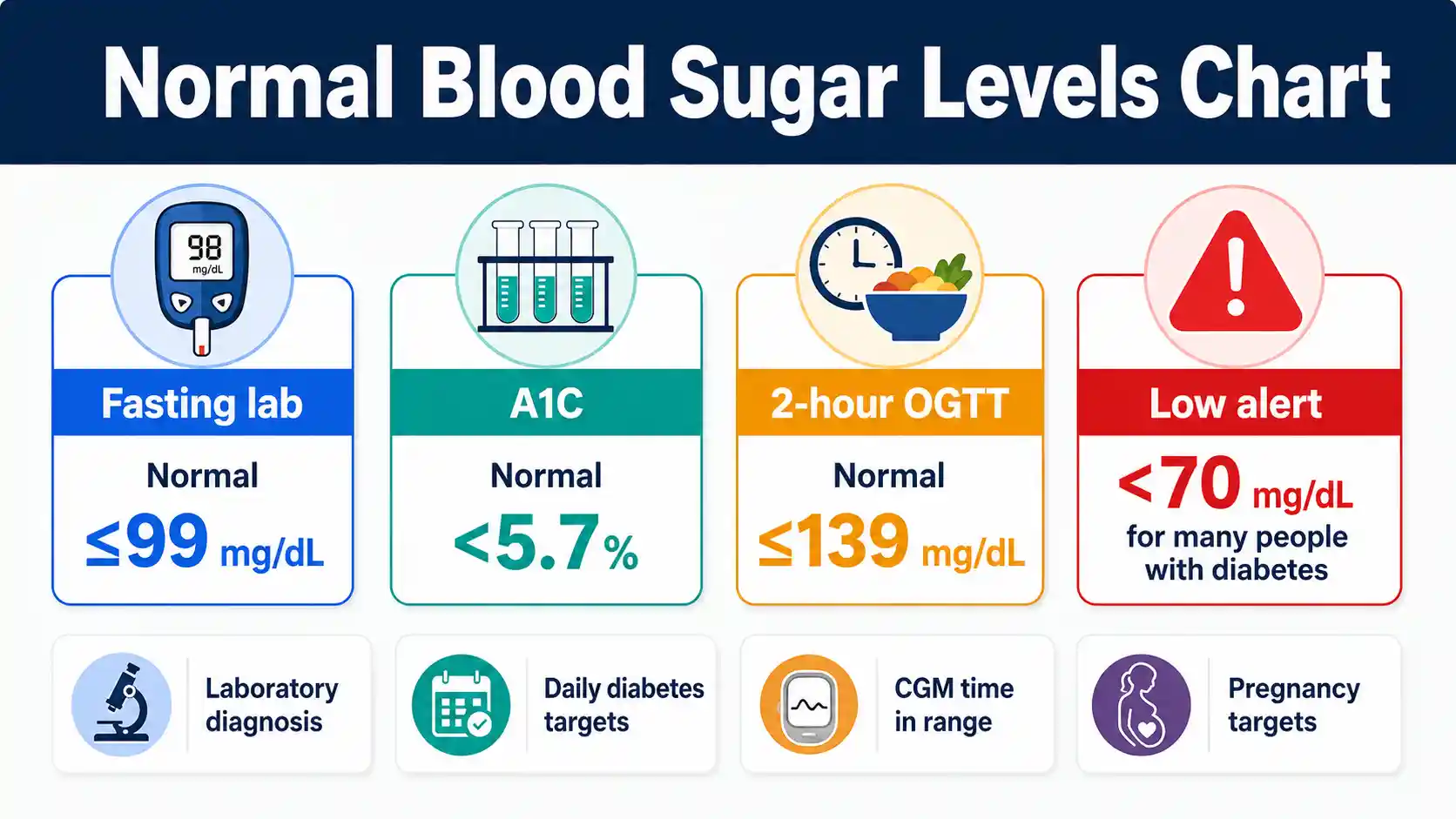 Normal blood sugar levels chart comparing fasting, after-meal, A1C, CGM, pregnancy, and low-glucose ranges