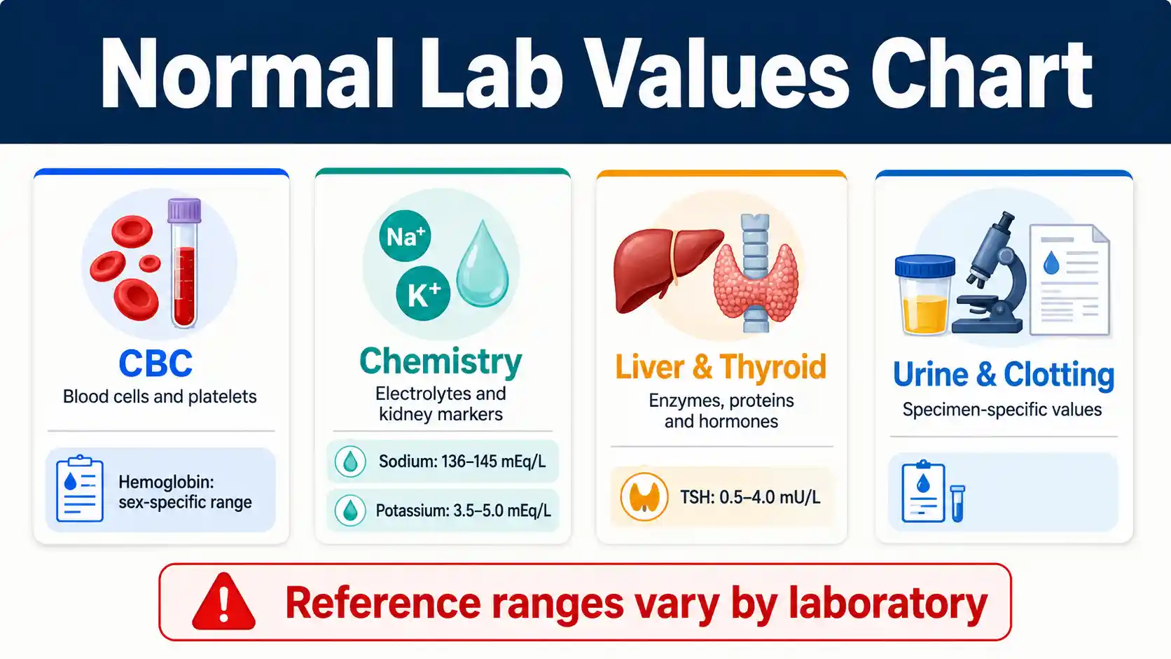 Normal lab values chart comparing common adult CBC, chemistry, liver, thyroid, clotting, and urine reference ranges