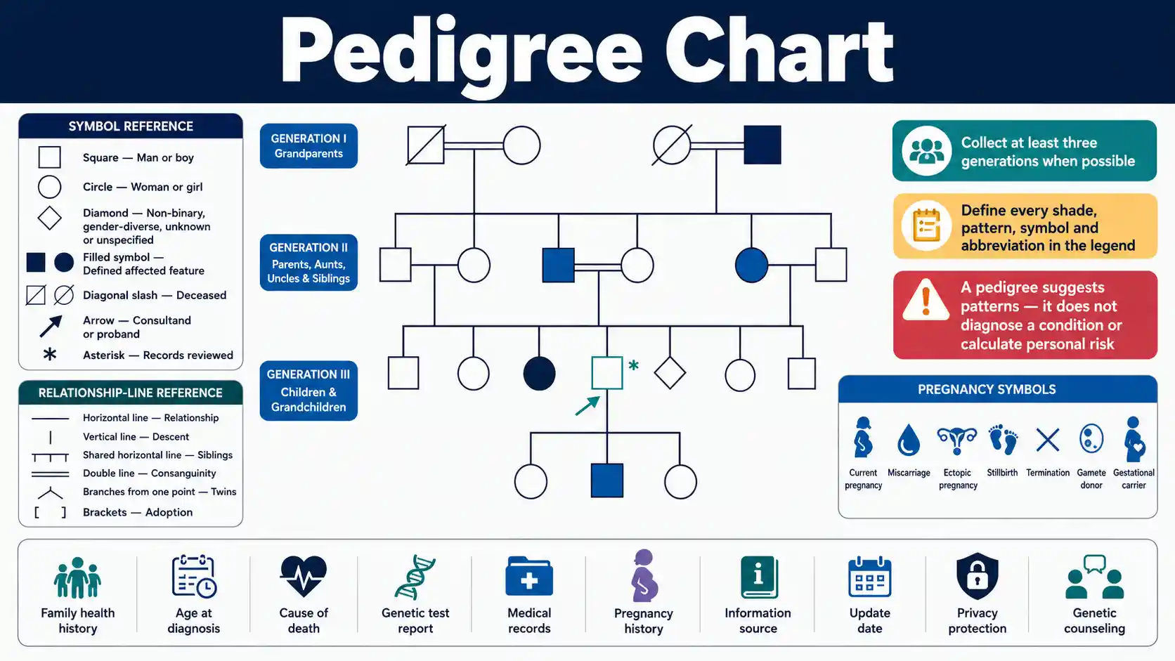 Pedigree Chart showing standardized family symbols, relationship lines, three generations, affected status, inheritance clues, and health-history records