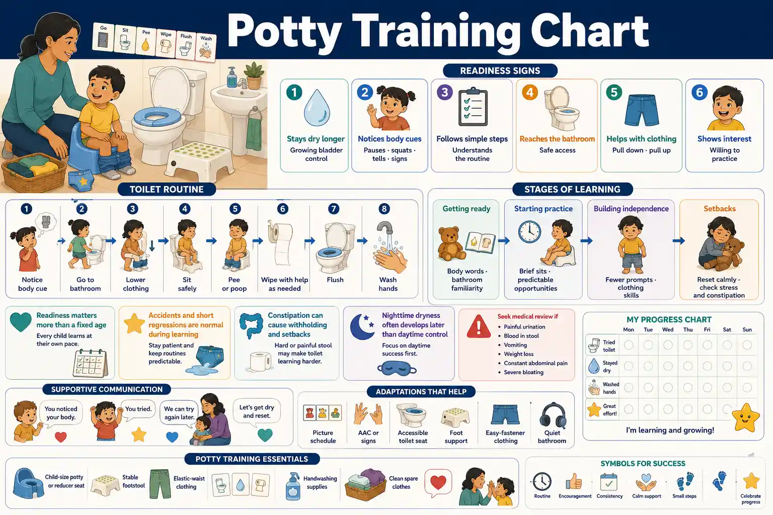 Potty Training Chart showing readiness signs, bathroom routine, accidents, constipation warnings, and positive support