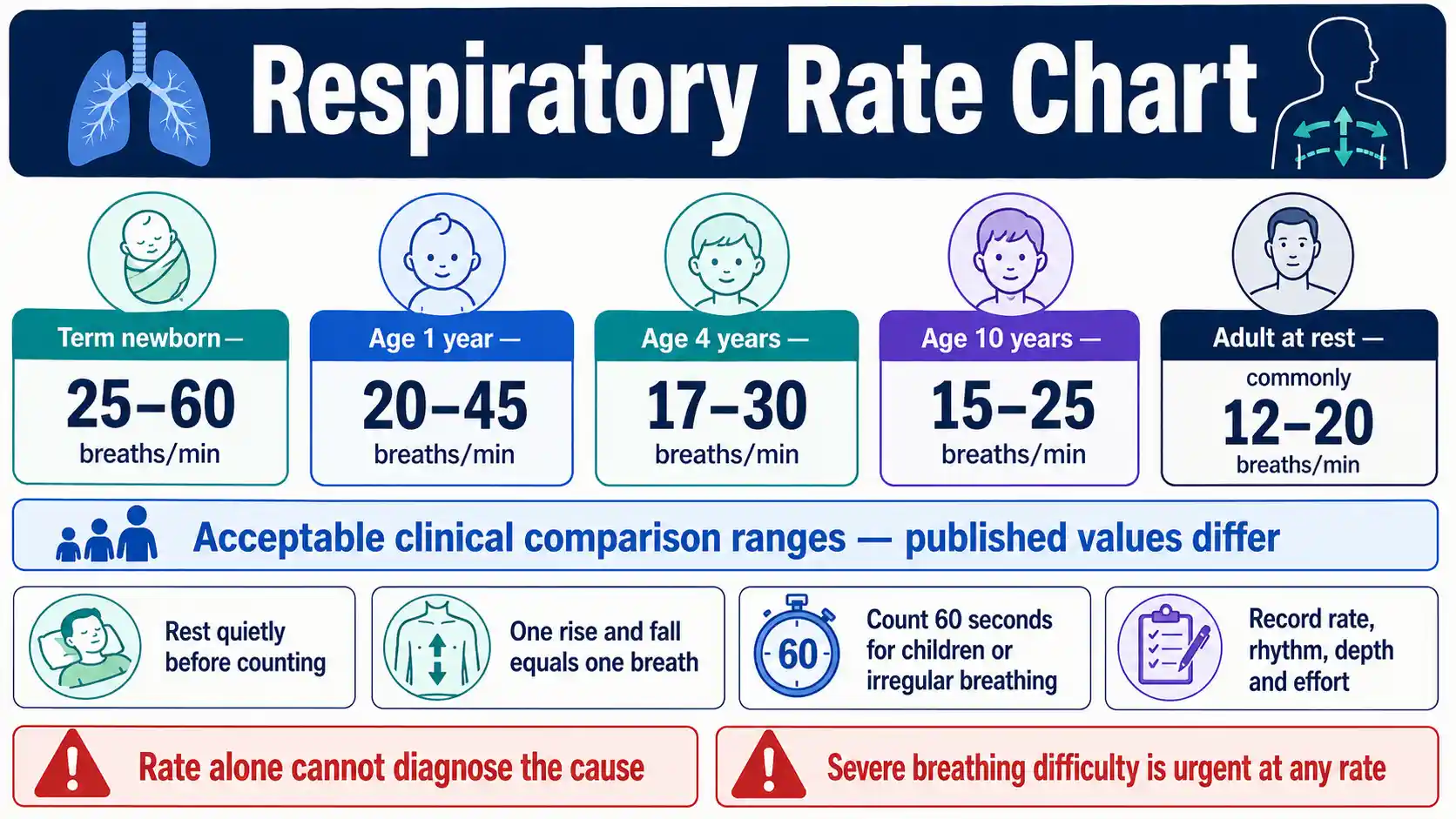 Respiratory Rate Chart showing resting breathing-rate references by age, counting steps, breathing effort, and warning signs