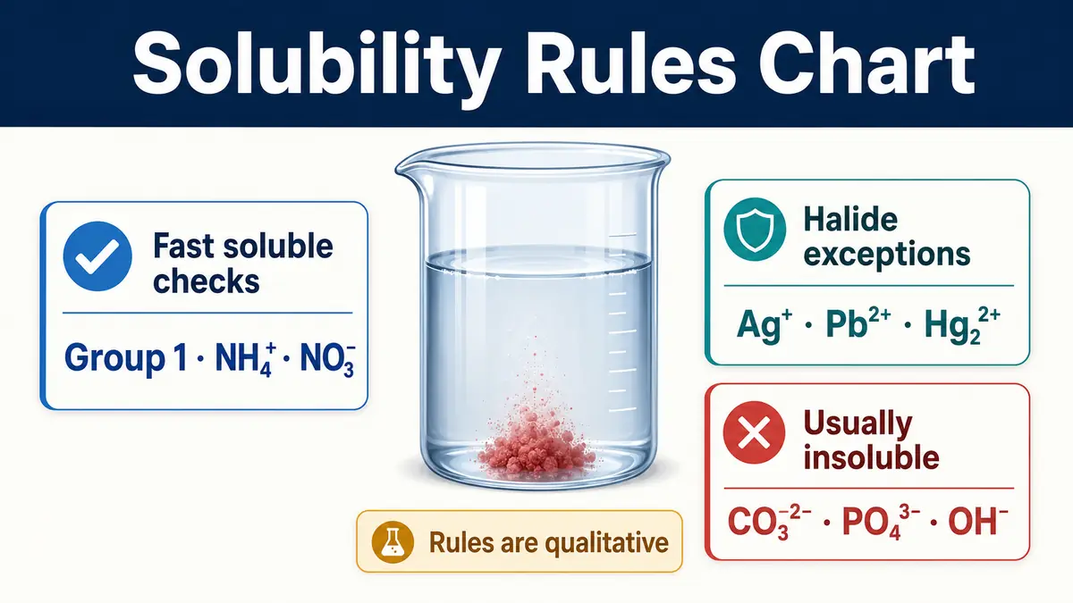 Solubility Rules Chart showing common aqueous ionic-compound rules, exceptions, and precipitation examples