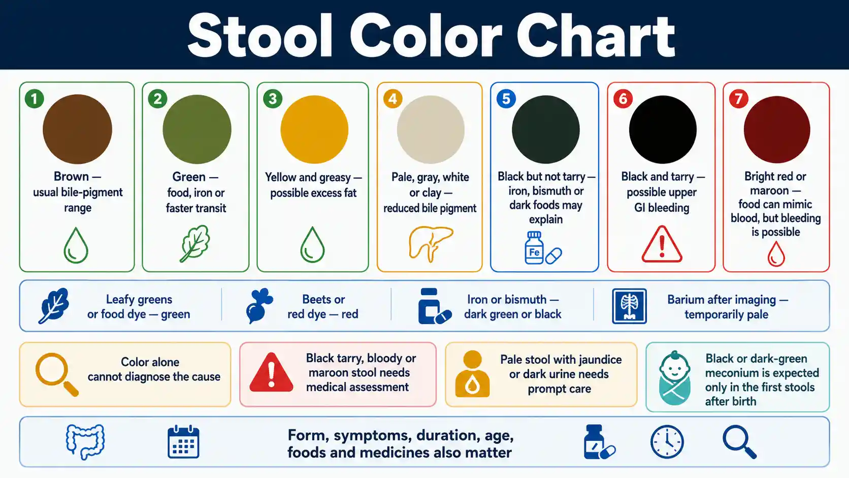 Stool Color Chart comparing brown, green, yellow, pale or clay, black or tarry, red, and maroon stool with food, medicine, symptom, and care guidance