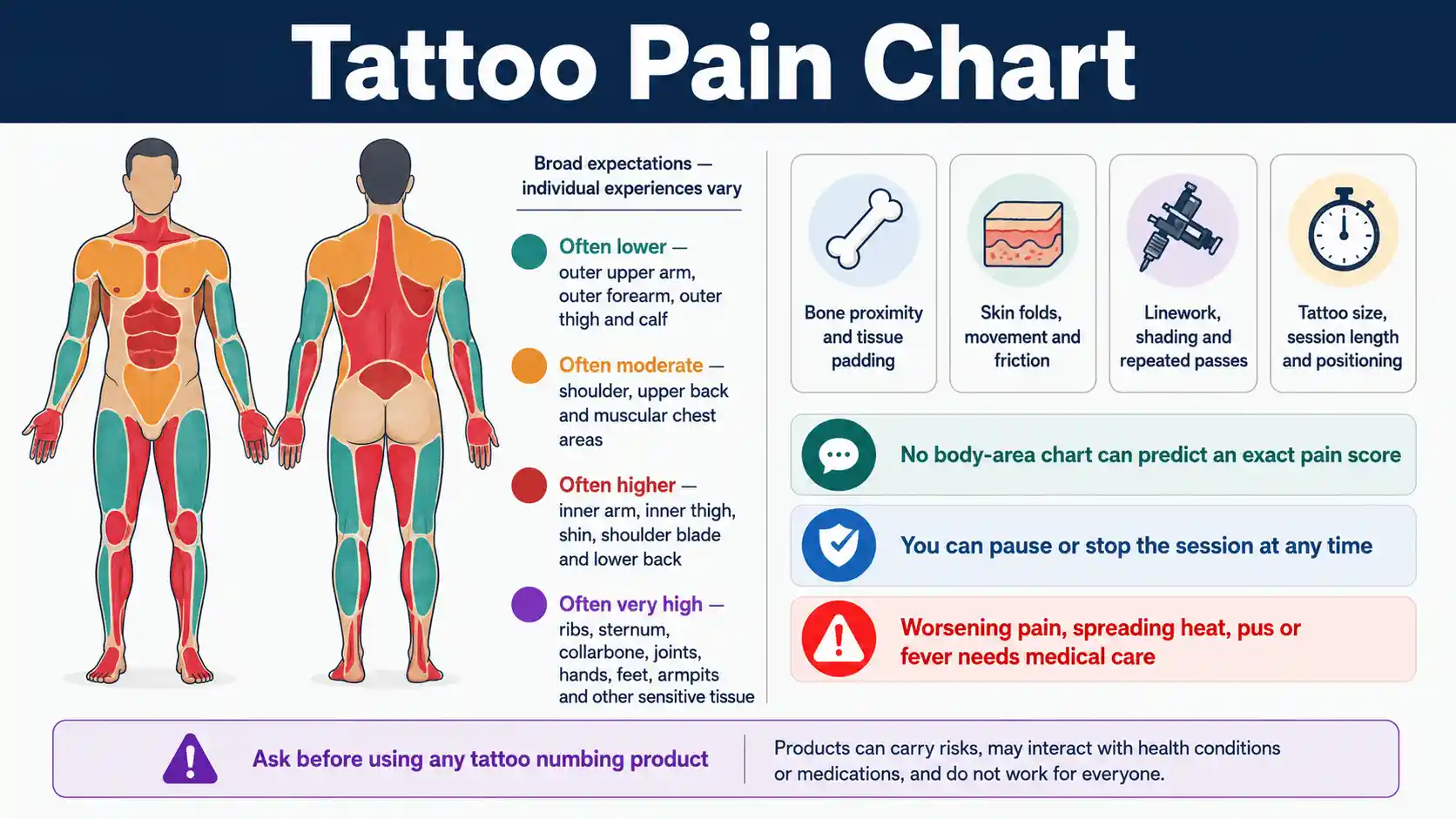Tattoo Pain Chart comparing broad discomfort expectations by body area and explaining placement factors, session planning, healing soreness, and warning signs