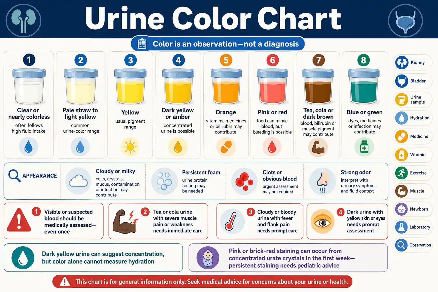 Urine Color Chart comparing pale straw, yellow, dark amber, orange, pink or red, tea or cola, blue or green, cloudy, and foamy urine with hydration, food, medicine, symptom, and care guidance