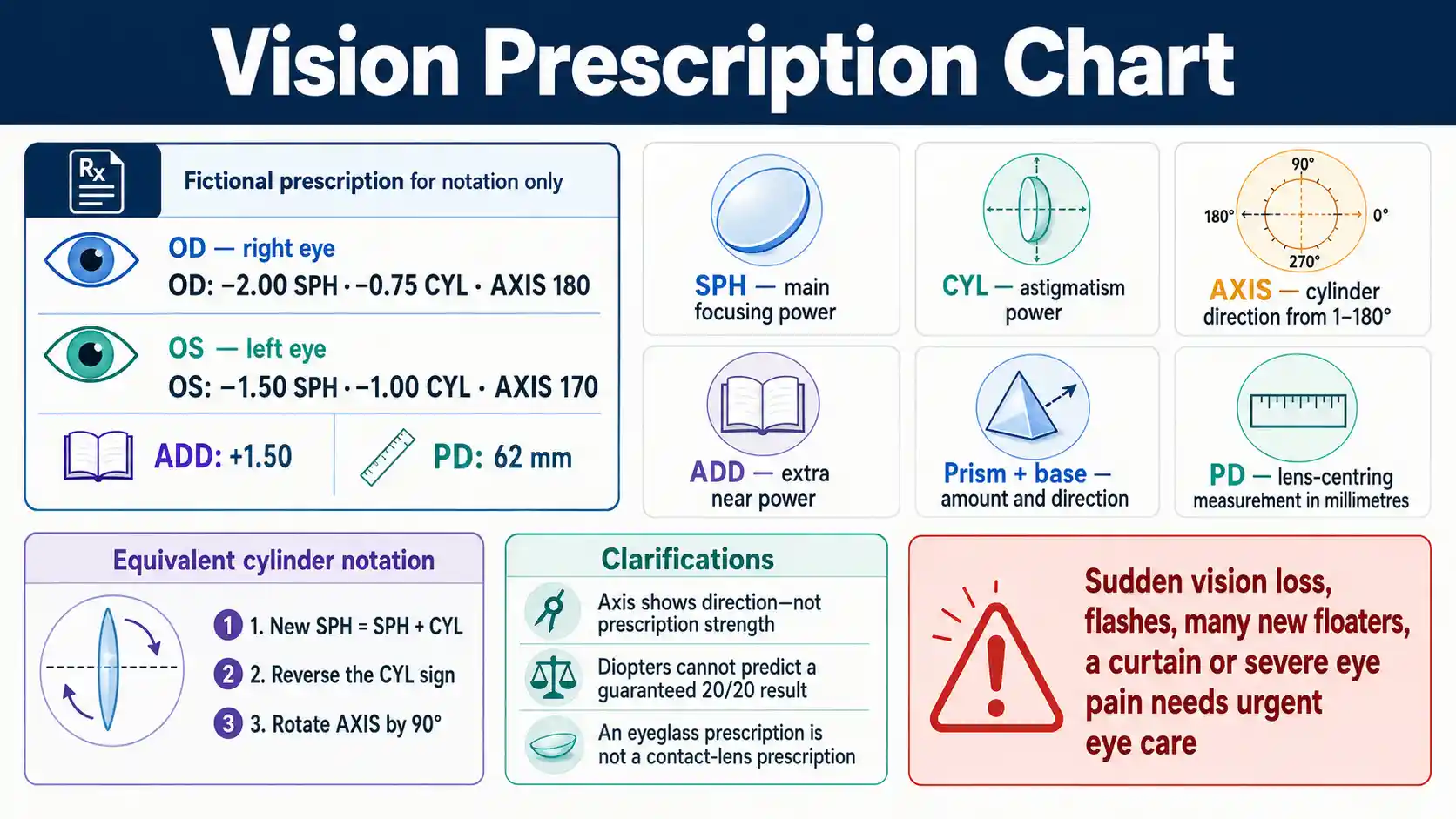 Vision Prescription Chart explaining OD and OS, sphere, cylinder, axis, add, prism, pupillary distance, prescription transposition, acuity differences, and contact-lens fields