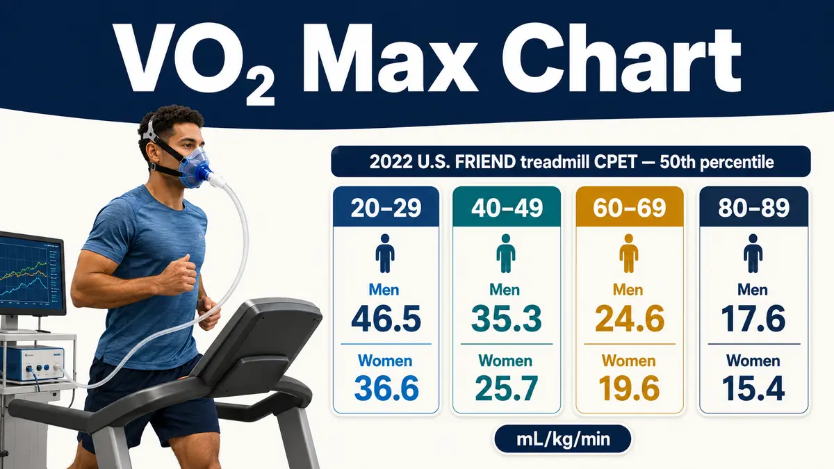 VO₂ Max Chart with age percentiles, relative and absolute oxygen-uptake units, treadmill and cycle CPET, wearable estimates, change tracking, and testing safety